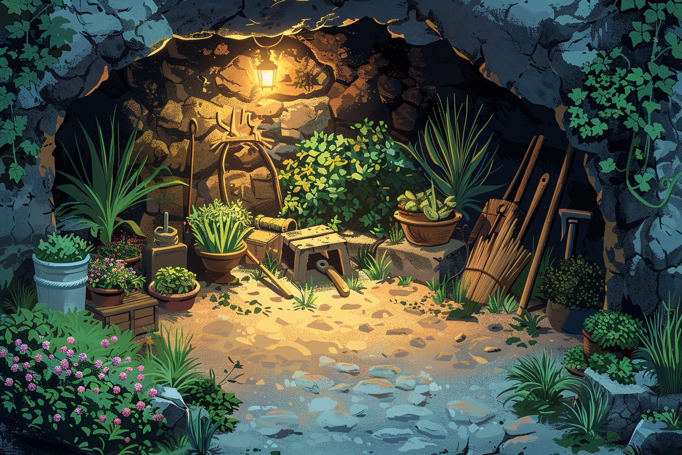 Jardin secret souterrain avec plantes et outils.