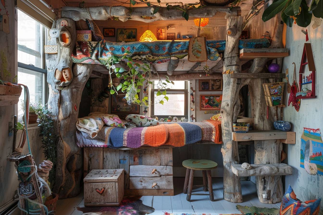 Chambre d'enfant colorée et créative décorée avec des matériaux recyclés pour un espace éco-responsable